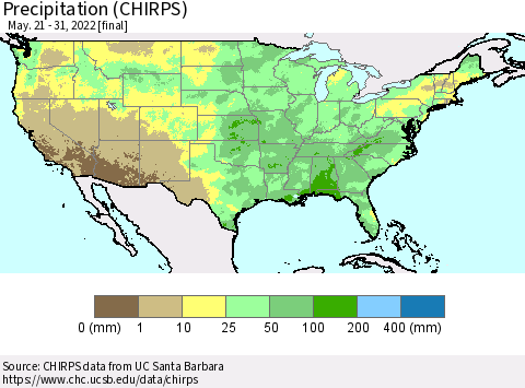 United States Precipitation (CHIRPS) Thematic Map For 5/21/2022 - 5/31/2022