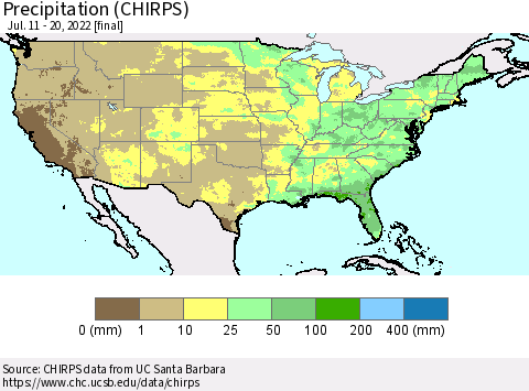 United States Precipitation (CHIRPS) Thematic Map For 7/11/2022 - 7/20/2022
