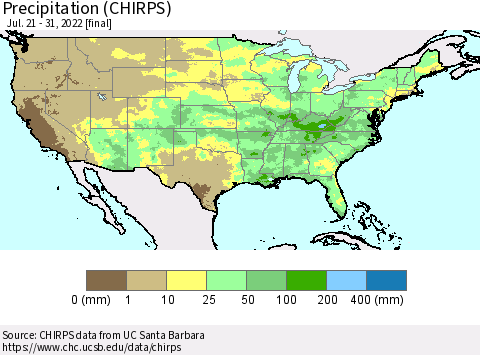 United States Precipitation (CHIRPS) Thematic Map For 7/21/2022 - 7/31/2022
