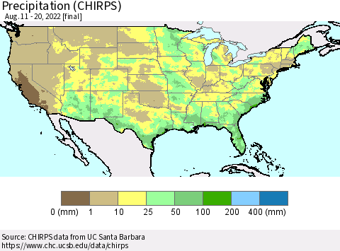 United States Precipitation (CHIRPS) Thematic Map For 8/11/2022 - 8/20/2022