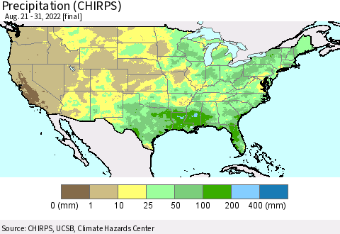 United States Precipitation (CHIRPS) Thematic Map For 8/21/2022 - 8/31/2022