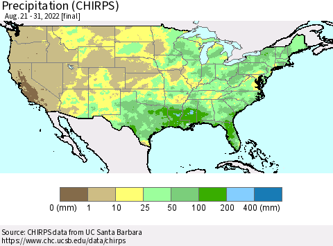 United States Precipitation (CHIRPS) Thematic Map For 8/21/2022 - 8/31/2022