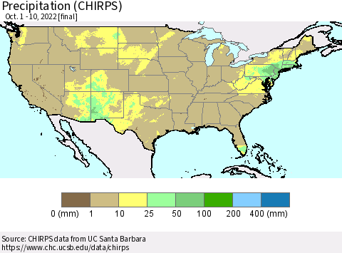 United States Precipitation (CHIRPS) Thematic Map For 10/1/2022 - 10/10/2022