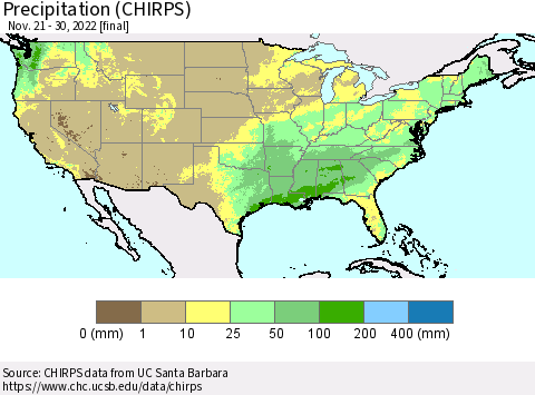 United States Precipitation (CHIRPS) Thematic Map For 11/21/2022 - 11/30/2022