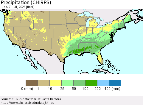 United States Precipitation (CHIRPS) Thematic Map For 1/21/2023 - 1/31/2023