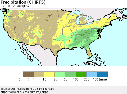 United States Precipitation (CHIRPS) Thematic Map For 2/11/2023 - 2/20/2023