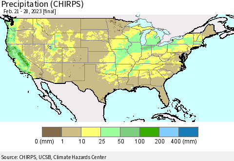 United States Precipitation (CHIRPS) Thematic Map For 2/21/2023 - 2/28/2023