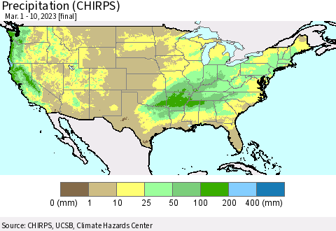 United States Precipitation (CHIRPS) Thematic Map For 3/1/2023 - 3/10/2023