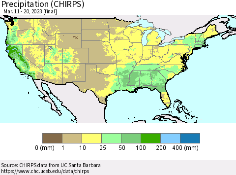 United States Precipitation (CHIRPS) Thematic Map For 3/11/2023 - 3/20/2023