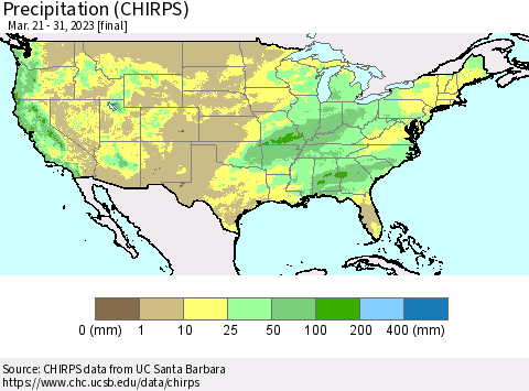 United States Precipitation (CHIRPS) Thematic Map For 3/21/2023 - 3/31/2023