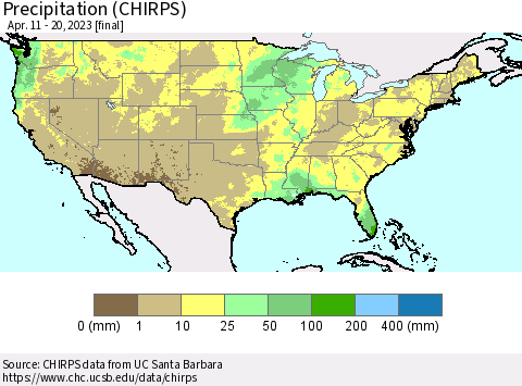 United States Precipitation (CHIRPS) Thematic Map For 4/11/2023 - 4/20/2023
