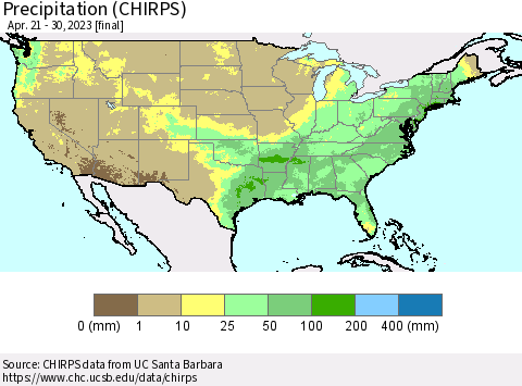 United States Precipitation (CHIRPS) Thematic Map For 4/21/2023 - 4/30/2023