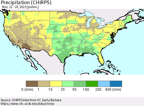 United States Precipitation (CHIRPS) Thematic Map For 5/11/2023 - 5/20/2023