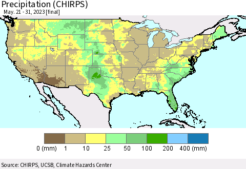 United States Precipitation (CHIRPS) Thematic Map For 5/21/2023 - 5/31/2023