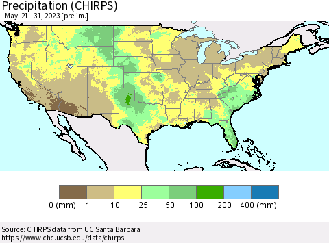 United States Precipitation (CHIRPS) Thematic Map For 5/21/2023 - 5/31/2023