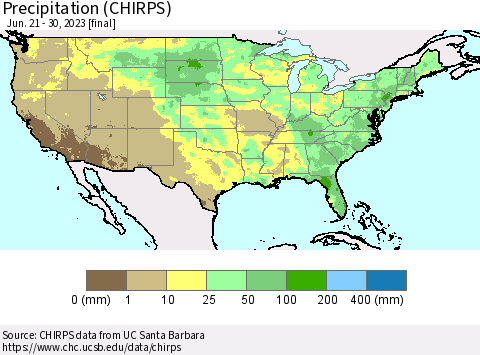 United States Precipitation (CHIRPS) Thematic Map For 6/21/2023 - 6/30/2023
