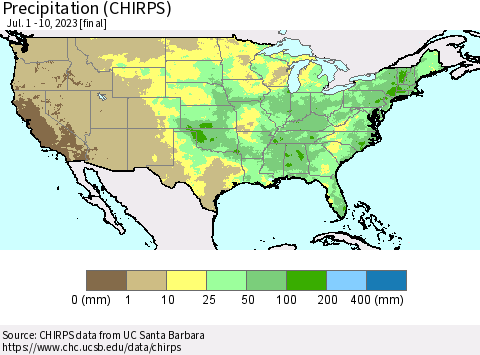 United States Precipitation (CHIRPS) Thematic Map For 7/1/2023 - 7/10/2023