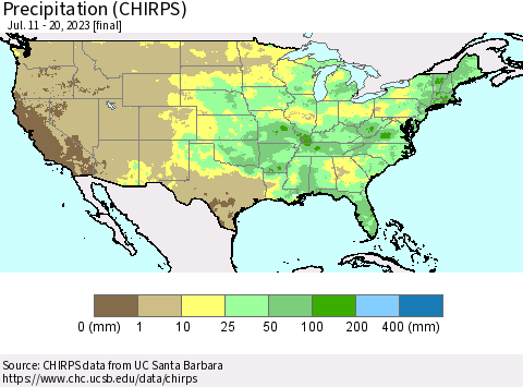 United States Precipitation (CHIRPS) Thematic Map For 7/11/2023 - 7/20/2023