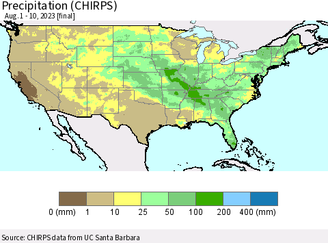 United States Precipitation (CHIRPS) Thematic Map For 8/1/2023 - 8/10/2023