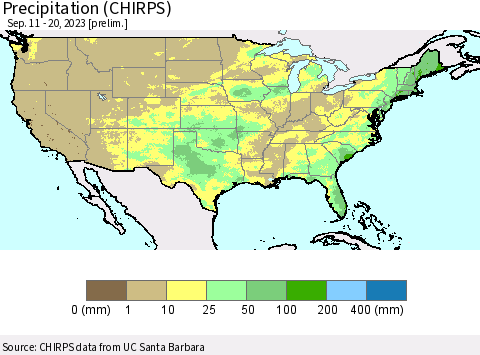 United States Precipitation (CHIRPS) Thematic Map For 9/11/2023 - 9/20/2023