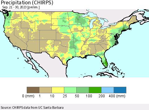 United States Precipitation (CHIRPS) Thematic Map For 9/21/2023 - 9/30/2023