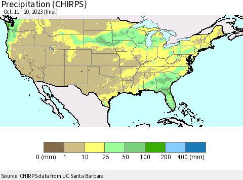 United States Precipitation (CHIRPS) Thematic Map For 10/11/2023 - 10/20/2023
