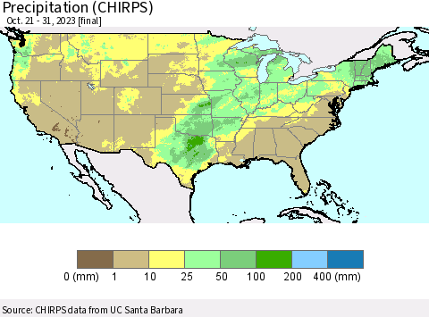 United States Precipitation (CHIRPS) Thematic Map For 10/21/2023 - 10/31/2023