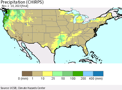 United States Precipitation (CHIRPS) Thematic Map For 11/1/2023 - 11/10/2023
