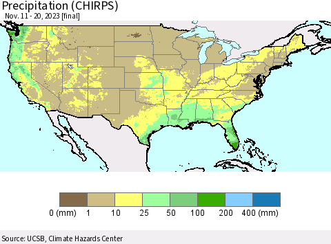 United States Precipitation (CHIRPS) Thematic Map For 11/11/2023 - 11/20/2023