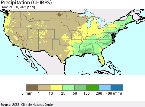 United States Precipitation (CHIRPS) Thematic Map For 11/21/2023 - 11/30/2023