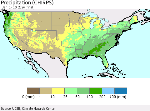 United States Precipitation (CHIRPS) Thematic Map For 1/1/2024 - 1/10/2024