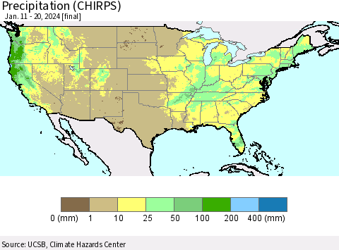 United States Precipitation (CHIRPS) Thematic Map For 1/11/2024 - 1/20/2024