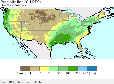 United States Precipitation (CHIRPS) Thematic Map For 1/21/2024 - 1/31/2024