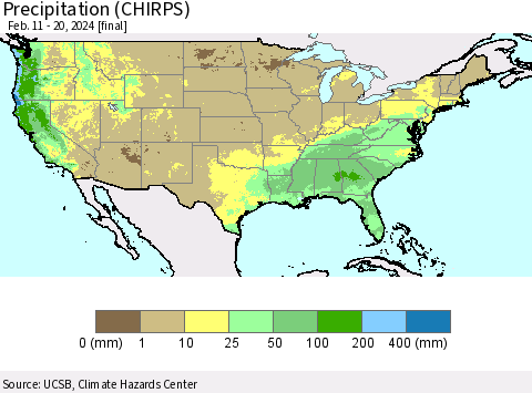 United States Precipitation (CHIRPS) Thematic Map For 2/11/2024 - 2/20/2024