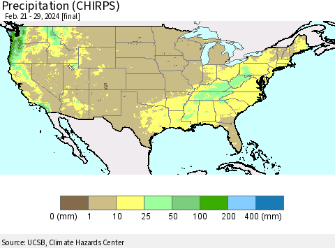 United States Precipitation (CHIRPS) Thematic Map For 2/21/2024 - 2/29/2024