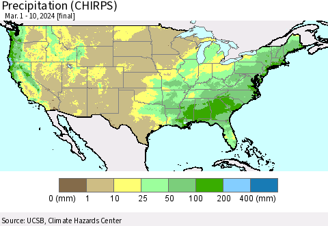 United States Precipitation (CHIRPS) Thematic Map For 3/1/2024 - 3/10/2024