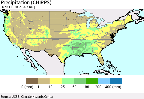 United States Precipitation (CHIRPS) Thematic Map For 3/11/2024 - 3/20/2024
