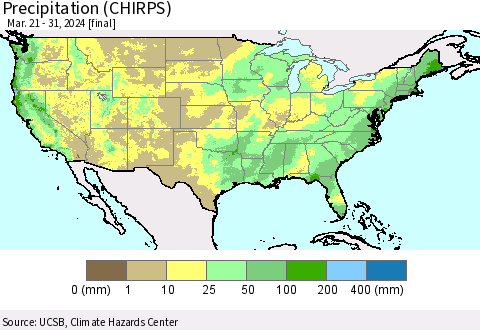 United States Precipitation (CHIRPS) Thematic Map For 3/21/2024 - 3/31/2024
