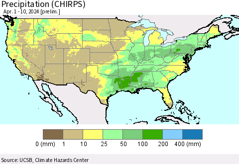 United States Precipitation (CHIRPS) Thematic Map For 4/1/2024 - 4/10/2024