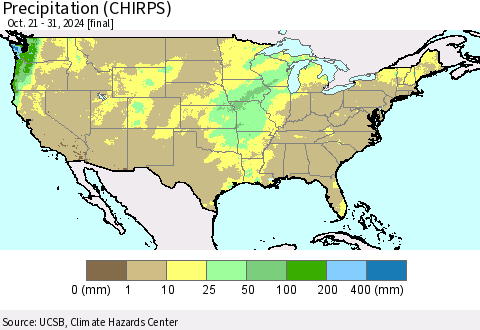 United States Precipitation (CHIRPS) Thematic Map For 10/21/2024 - 10/31/2024