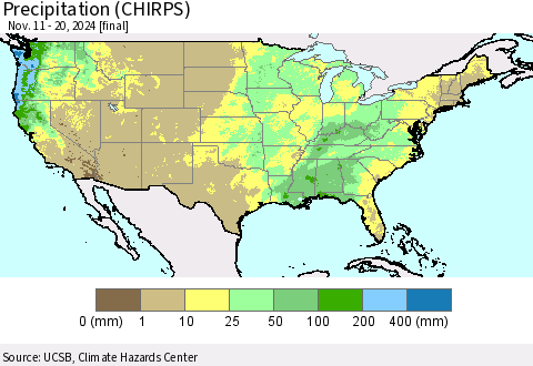 United States Precipitation (CHIRPS) Thematic Map For 11/11/2024 - 11/20/2024