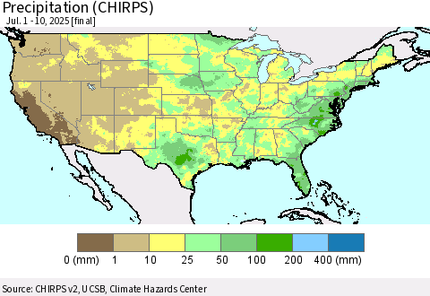 United States Precipitation (CHIRPS) Thematic Map For 7/1/2025 - 7/10/2025