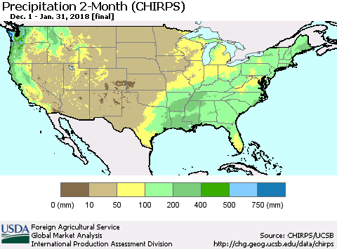 United States Precipitation 2-Month (CHIRPS) Thematic Map For 12/1/2017 - 1/31/2018