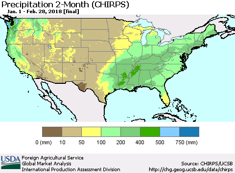 United States Precipitation 2-Month (CHIRPS) Thematic Map For 1/1/2018 - 2/28/2018
