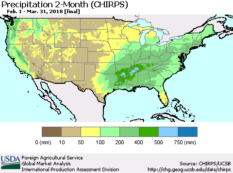 United States Precipitation 2-Month (CHIRPS) Thematic Map For 2/1/2018 - 3/31/2018