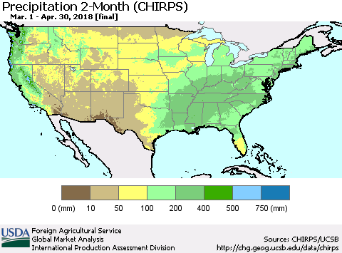 United States Precipitation 2-Month (CHIRPS) Thematic Map For 3/1/2018 - 4/30/2018