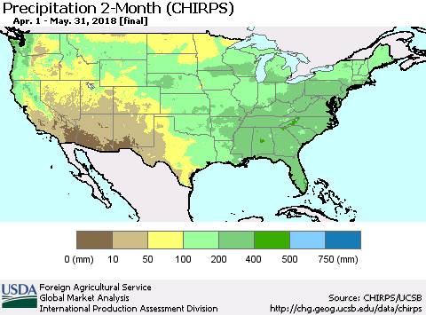 United States Precipitation 2-Month (CHIRPS) Thematic Map For 4/1/2018 - 5/31/2018