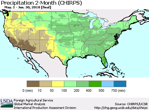 United States Precipitation 2-Month (CHIRPS) Thematic Map For 5/1/2018 - 6/30/2018