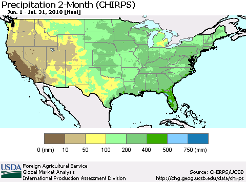 United States Precipitation 2-Month (CHIRPS) Thematic Map For 6/1/2018 - 7/31/2018