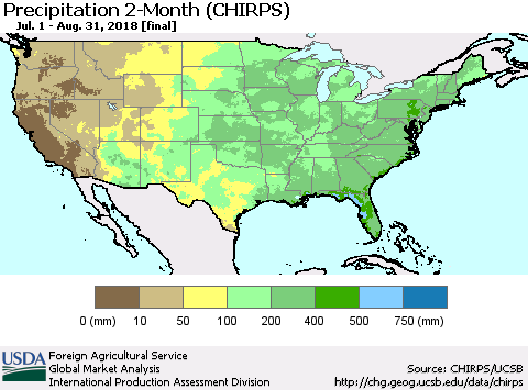 United States Precipitation 2-Month (CHIRPS) Thematic Map For 7/1/2018 - 8/31/2018